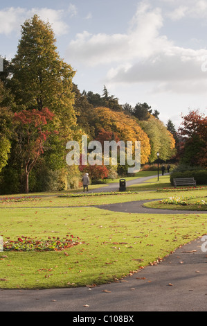 Schöne städtische angelegten Park im Herbst mit leuchtend bunte Blätter an den Bäumen, & Menschen entspannend - Valley Gardens, Harrogate, Yorkshire, England. Stockfoto