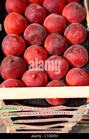 Frische Pfirsichkisten vor einem Obstladen, Korfu, griechische Ionische Inseln Stockfoto