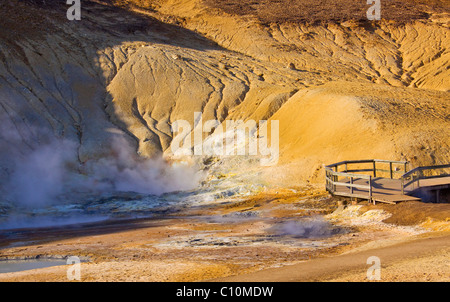 Dampfende, Schwefel bedeckt Schlammlöcher, Höhlen und Felsspalten, Krýsuvík Seltun geothermische Gebiet im südlichen Island, Island, Europa Stockfoto