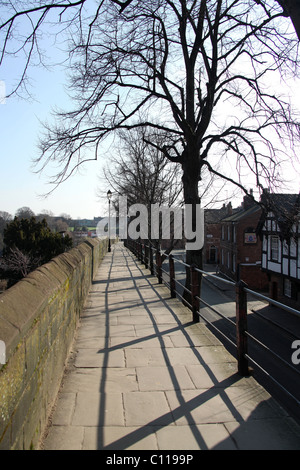 Von Chester, England. Malerische Silhouette Blick auf die Stadtmauer-Wanderweg in der Nähe der Roman Garden. Stockfoto