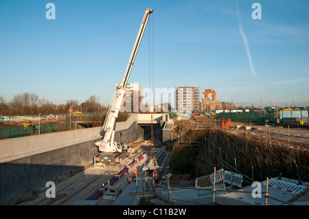 Manchester Metrolink Tram Route wird an der zukünftigen Haltestelle Etihad Campus, Eastlands, Manchester, England, UK gebaut Stockfoto