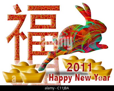 Frohes chinesisches neues Jahr 2011 mit bunten Kaninchen und Wohlstand Symbol Illustration Stockfoto