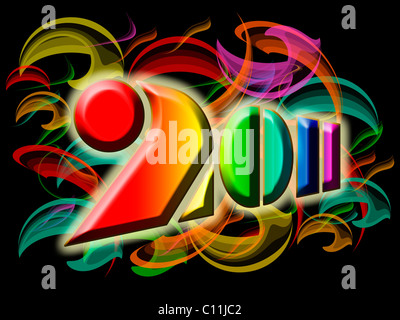 Frohes neues Jahr 2011 mit bunten Strudeln und Flammen Illustration Stockfoto