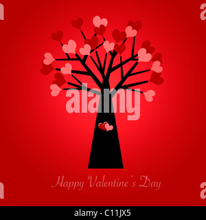 Valentinstag-Baum mit roten und rosa Herzen Illustration roten Hintergrund Stockfoto