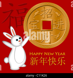 Kaninchen begrüßen das chinesische Neujahr mit Goldmünze Illustration roten Hintergrund Stockfoto