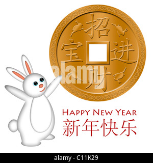 Kaninchen begrüßen das chinesische Neujahr mit Goldmünze Illustration Stockfoto