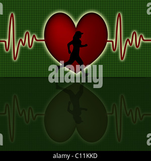 Weibliche Läufer Silhouette mit roten Herzen schlagen EKG grünen Hintergrund Stockfoto