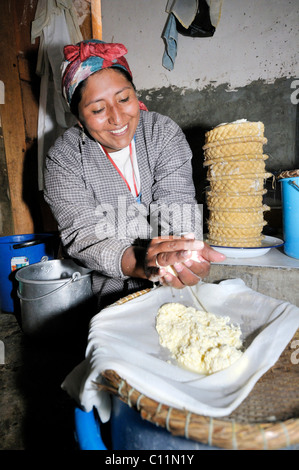 Herstellung von Frischkäse in der Penas Tal, Departamento Oruro, Bolivien, Südamerika Stockfoto