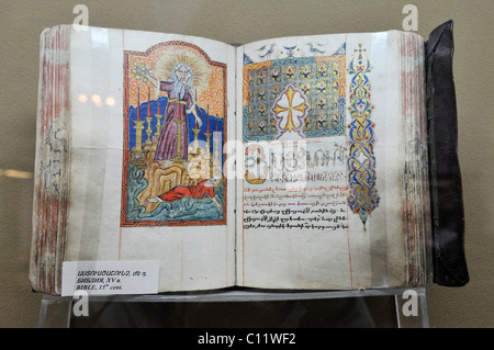 Historische handbemalte armenische Handschrift, buchen Seite, Matenadaran Museum, Eriwan, Jerwan, Armenien, Asien Stockfoto