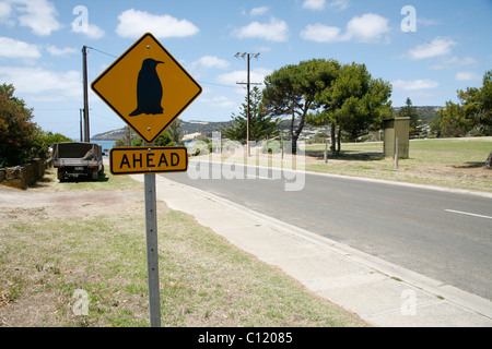 Vorsicht, Pinguine, Verkehr Zeichen auf Kangaroo Island, South Australia, Australien Stockfoto