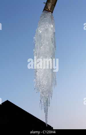 Riesige Eiszapfen hängen von einer Wasser-Abflussrohr, Ruhr und Umgebung, Nordrhein-Westfalen, Deutschland, Europa Stockfoto