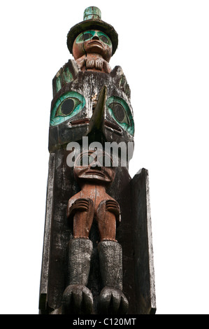 Alaska. Totem Chief schüttelt Tribal House, Tlingit Baudenkmal Website, Wrangell, südöstlichen Alaska. Stockfoto