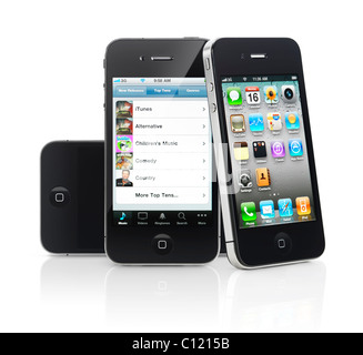Drei Apple iPhone 4 Smartphones eine lehnte sich gegen einen anderen auf weißem Hintergrund isoliert. Qualitativ hochwertige Fotos. Stockfoto