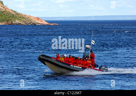 Touristen in roten Schutzanzüge in einem Zodiac Schlauchboot der Marke Otis Ausflüge Inc., Walbeobachtung auf St. Lawrence Stockfoto