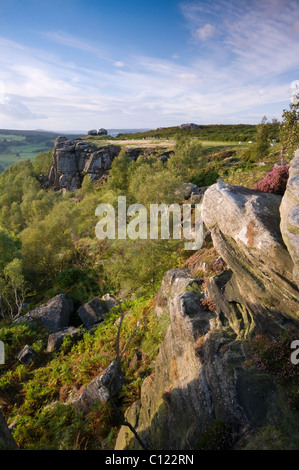 Froggatt Edge, Derbyshire mit blühender Heide im späten Nachmittag Licht, September 2010 Stockfoto