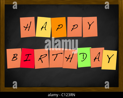 Alles Gute zum Geburtstag Text geschminkt mit bunten Klebezettel auf einer gerahmten Tafel Stockfoto