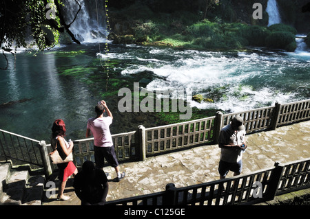 Balkon mit Blick auf den Wasserfall und Wildbach in den grünen Wald Stockfoto