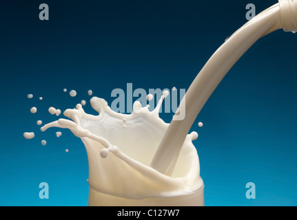 Spritzer Milch aus dem Glas auf blauem Hintergrund Stockfoto