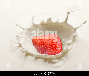 Spritzer Milch, verursacht durch fallen in eine Reife Erdbeere. Stockfoto