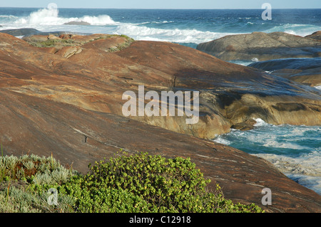 Ankommende Flut am späten Nachmittag an Granitfelsen zwischen Green Pool und Elephant rocks, William Bay National Park. Stockfoto