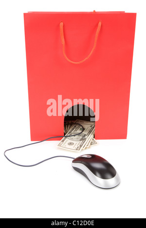 Isolierte Einkaufstasche und Computer-Maus, Konzept des e-Commerce Stockfoto