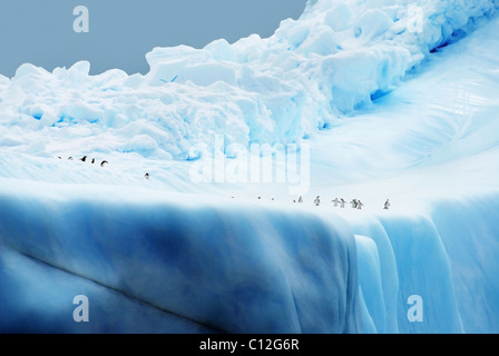Großen Eisbergs mit Kinnriemen Pinguine in der Antarktis genommen Stockfoto