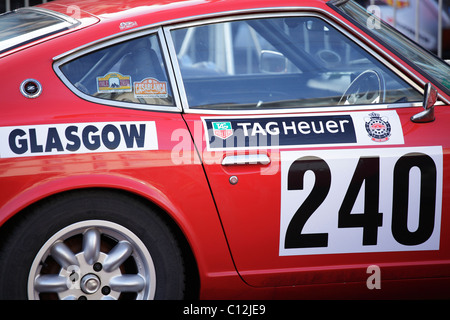 Monte Carlo Rally Glasgow, Nissan 240Z Auto geparkt vor dem Start, Schottland, Großbritannien Stockfoto