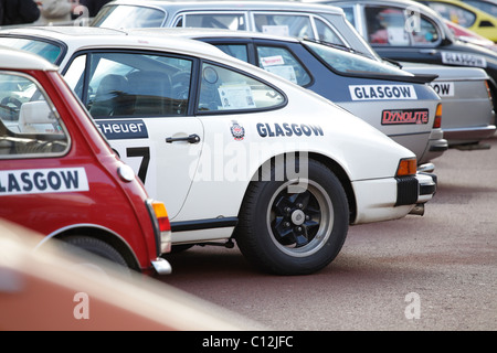 Monte Carlo Rally Glasgow, Detail der Autos vor dem Start geparkt, Schottland, Großbritannien Stockfoto