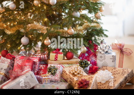 USA, New Jersey, New Jersey City, bunte Geschenke unter dem Weihnachtsbaum Stockfoto