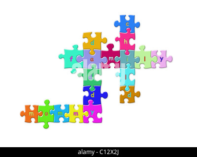 Bunte Puzzleteile zusammen zu Form Kreuzworträtsel von Mama, Papa, Familie und Kind Wörter Stockfoto