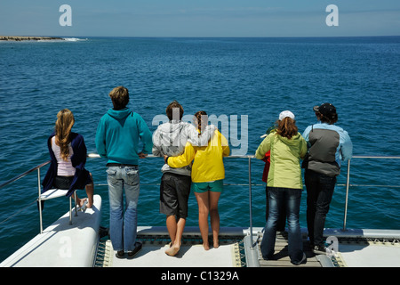 Walvisbay, Namibia, Landschaft, sechs junge Leute auf dem Boot Deck, Hafenrundfahrt, lokale touristische, Rückansicht Stockfoto