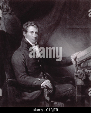 Sir Humphry Davy (1778-1829), britischer Chemiker, entdeckte mehrere chemische Elemente wie Natrium, Kalium, Barium, Magnesium, Kalzium und Jod. 1830-Gravur. Stockfoto