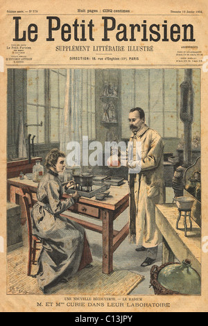 Physiker Pierre und Marie in ihrem Labor Paris, 1904, kurz nachdem sie die 1903 Nobelpreis für ihre Studie der Radioaktivität verliehen wurde. Von LE PETIT PARISIEN, Januar 1904. Stockfoto