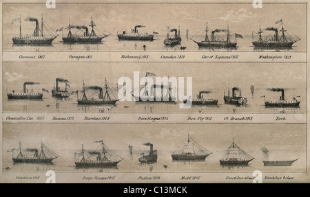 Drucken mit 19 frühen Dampfschiffe zwischen 1807 und 1815 erbaut einschließlich Fultonss CLERMONT und NAUTILUS. lifeofrobertfult00reigrich 0024 Stockfoto