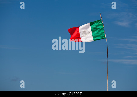 Mexikanischen Flagge auf einem Stick Fahnenstange. Eine verblasste mexikanische Flagge fliegt im Strand Wind von einer improvisierten Fahnenstange aus einem Zweig gemacht Stockfoto