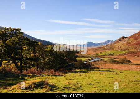 Blick entlang Nantygwryd und Afon Llugwy River entfernten Mount Snowdon Horseshoe in Snowdonia. Capel Curig, Conwy, North Wales, UK Stockfoto