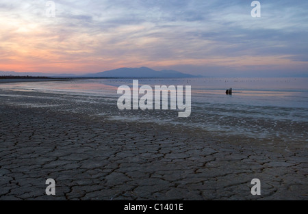 Sonnenuntergang am Salton Meer entlang. Stockfoto