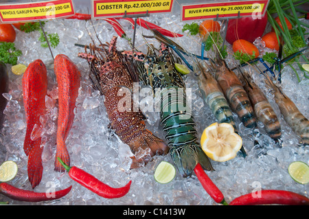 Anzeige von frischem Fisch auf dem Eis vor einem Restaurant in Ubud, Bali, Indonesien Stockfoto