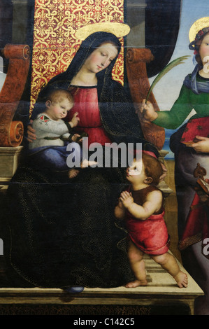 Detail: Madonna und Kind inthronisiert mit Heiligen, ca. 1504, Altarbild von Raphael Stockfoto