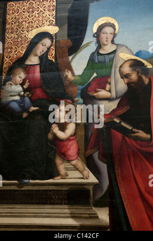 Detail: Madonna und Kind inthronisiert mit Heiligen, ca. 1504, Altarbild von Raphael Stockfoto