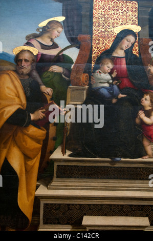 Detail: Madonna und Kind inthronisiert mit Heiligen, ca. 1504, Altarbild von Raphael Stockfoto