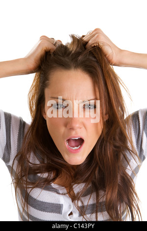 Frau zieht ihr Haar in Frustration. Stockfoto