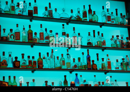 Glatte Display Glas Schnapsflaschen auf Regalen mit einem hellen blau leuchtenden Hintergrund in einer bar Stockfoto