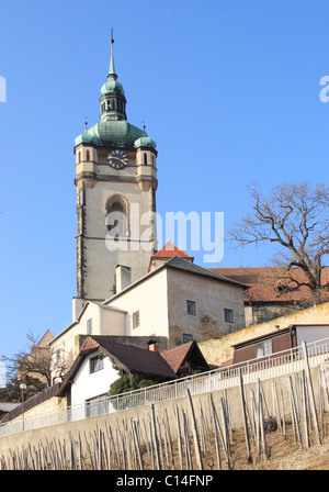 Melnik Burg oberhalb der Weinberge im zeitigen Frühjahr Stockfoto