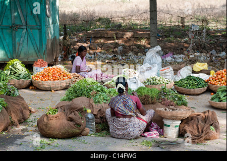 Indische Straßenmarkt in Yenumulapalli mit Körben von Gemüse. Andhra Pradesh, Indien Stockfoto