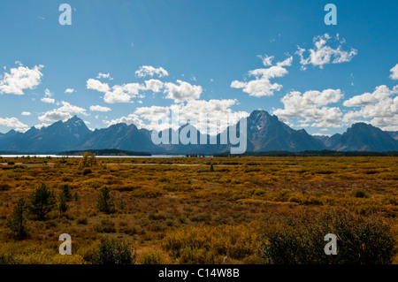 Ansichten von Jackson Lake Lodge, Herbstfarben, Berge, Moran, Grand Teton, Gletscherseen, Vistas, Grand-Teton-Nationalpark, Wyoming, USA Stockfoto