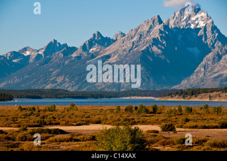 Ansichten von Jackson Lake Lodge, Herbstfarben, Berge, Moran, Grand Teton, Gletscherseen, Vistas, Grand-Teton-Nationalpark, Wyoming, USA Stockfoto