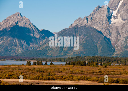 Ansichten von Jackson Lake Lodge, Herbstfarben, Berge, Moran, Grand Teton, Gletscherseen, Vistas, Grand-Teton-Nationalpark, Wyoming, USA Stockfoto