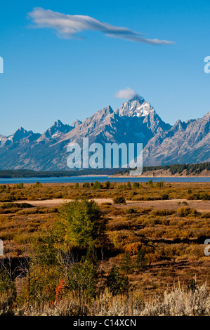 Ansichten von Jackson Lake Lodge, Herbstfarben, Berge, Moran, Grand Teton, Gletscherseen, Vistas, Grand-Teton-Nationalpark, Wyoming, USA Stockfoto