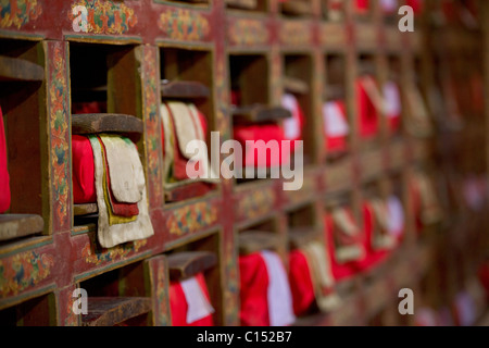 Tibetische Gebetbücher, Leh Palace, Leh (Ladakh) Jammu & Kaschmir, Indien Stockfoto